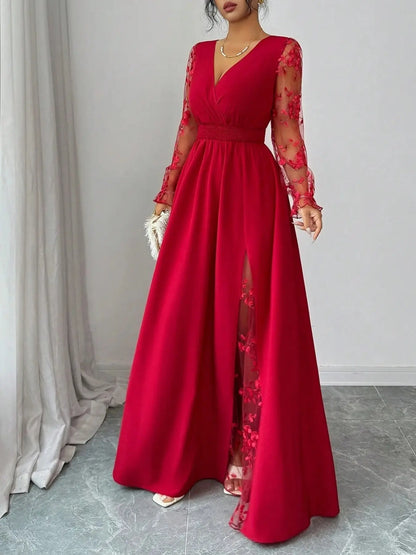Summer Elegant Black Floral Autumn Dinner Deep V-Neck Lace Patchwork Long Sleeve High Slit Women Dress,Backless Mesh Embroidery Wedding Party Ball Gown