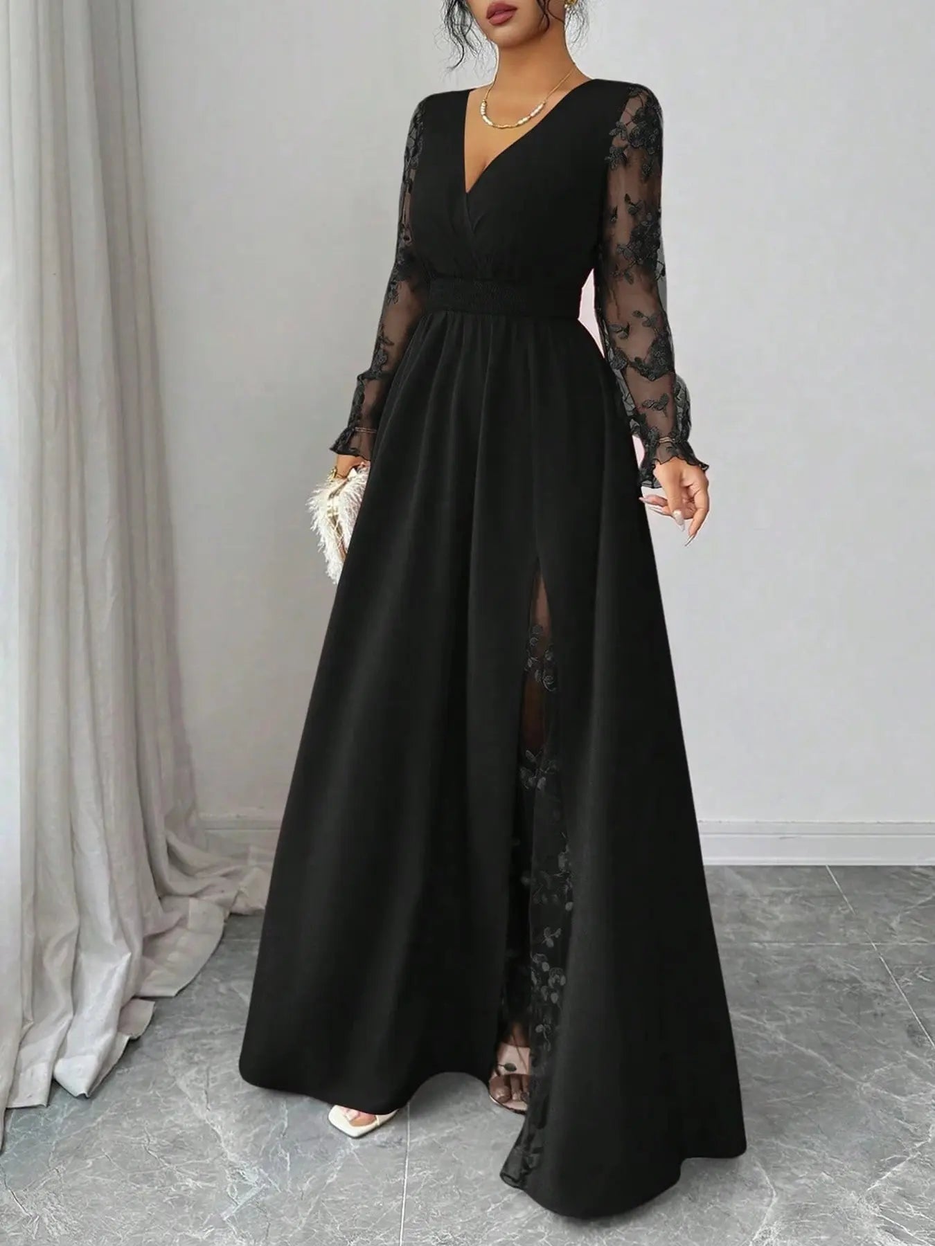 Summer Elegant Black Floral Autumn Dinner Deep V-Neck Lace Patchwork Long Sleeve High Slit Women Dress,Backless Mesh Embroidery Wedding Party Ball Gown
