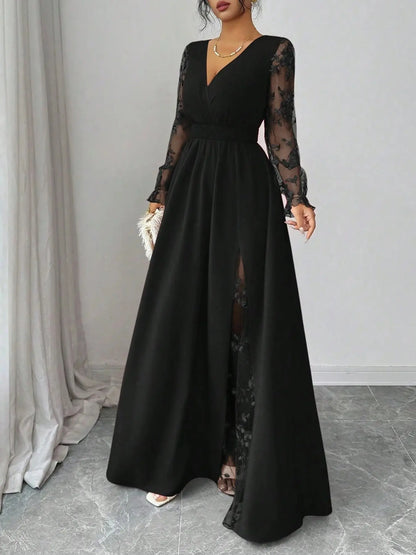 Summer Elegant Black Floral Autumn Dinner Deep V-Neck Lace Patchwork Long Sleeve High Slit Women Dress,Backless Mesh Embroidery Wedding Party Ball Gown
