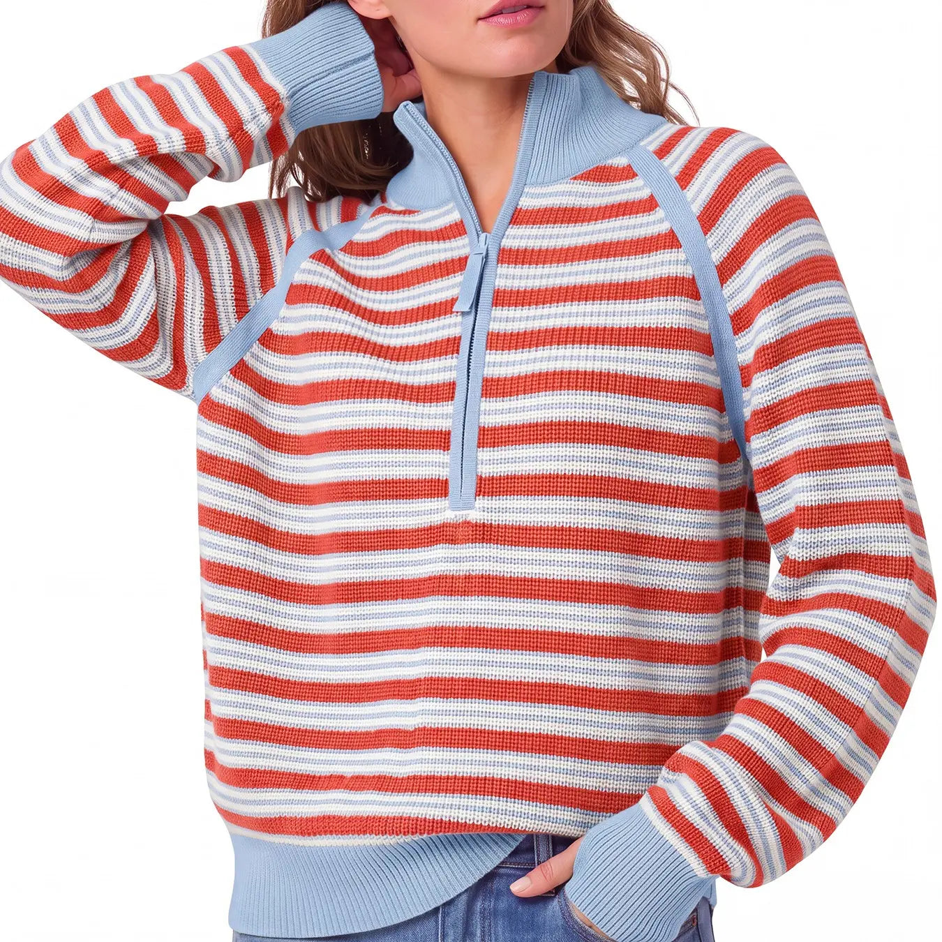 Aswulk Women'S Striped Waffle Knit Half Zip Pullover Long Sleeve Thumb Hole Casual Athleisure Sweater