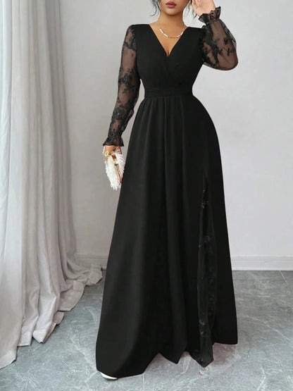 Summer Elegant Black Floral Autumn Dinner Deep V-Neck Lace Patchwork Long Sleeve High Slit Women Dress,Backless Mesh Embroidery Wedding Party Ball Gown