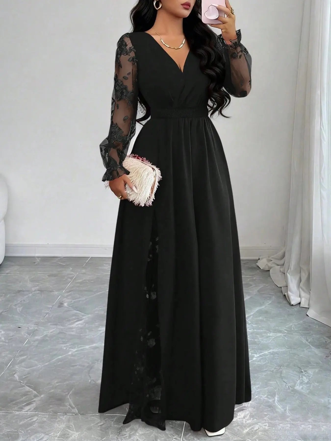 Summer Elegant Black Floral Autumn Dinner Deep V-Neck Lace Patchwork Long Sleeve High Slit Women Dress,Backless Mesh Embroidery Wedding Party Ball Gown