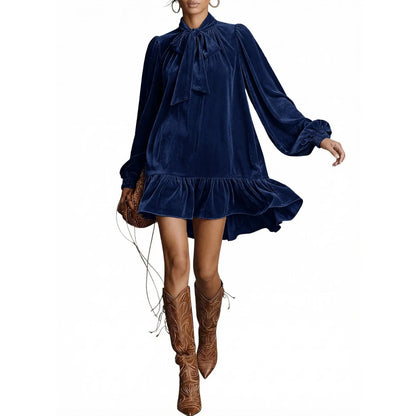 Dokotoo Womens Long Sleeve Casual Mini Dress Summer Fall Tie Neck Ruffle Hem Babydoll Wedding Guest Dress for Vacation