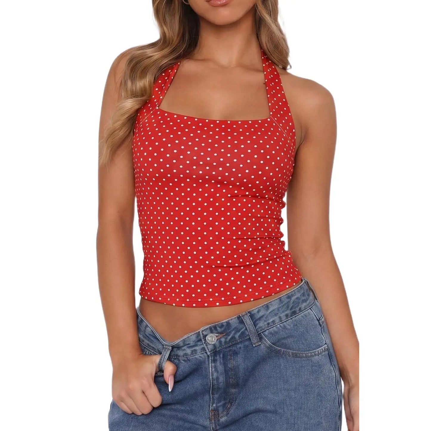 QINSEN Apparel Women'S Backless Halter Tank Top Button Closure Square Neck Double Line Casual Daily Top Going Out Cami
