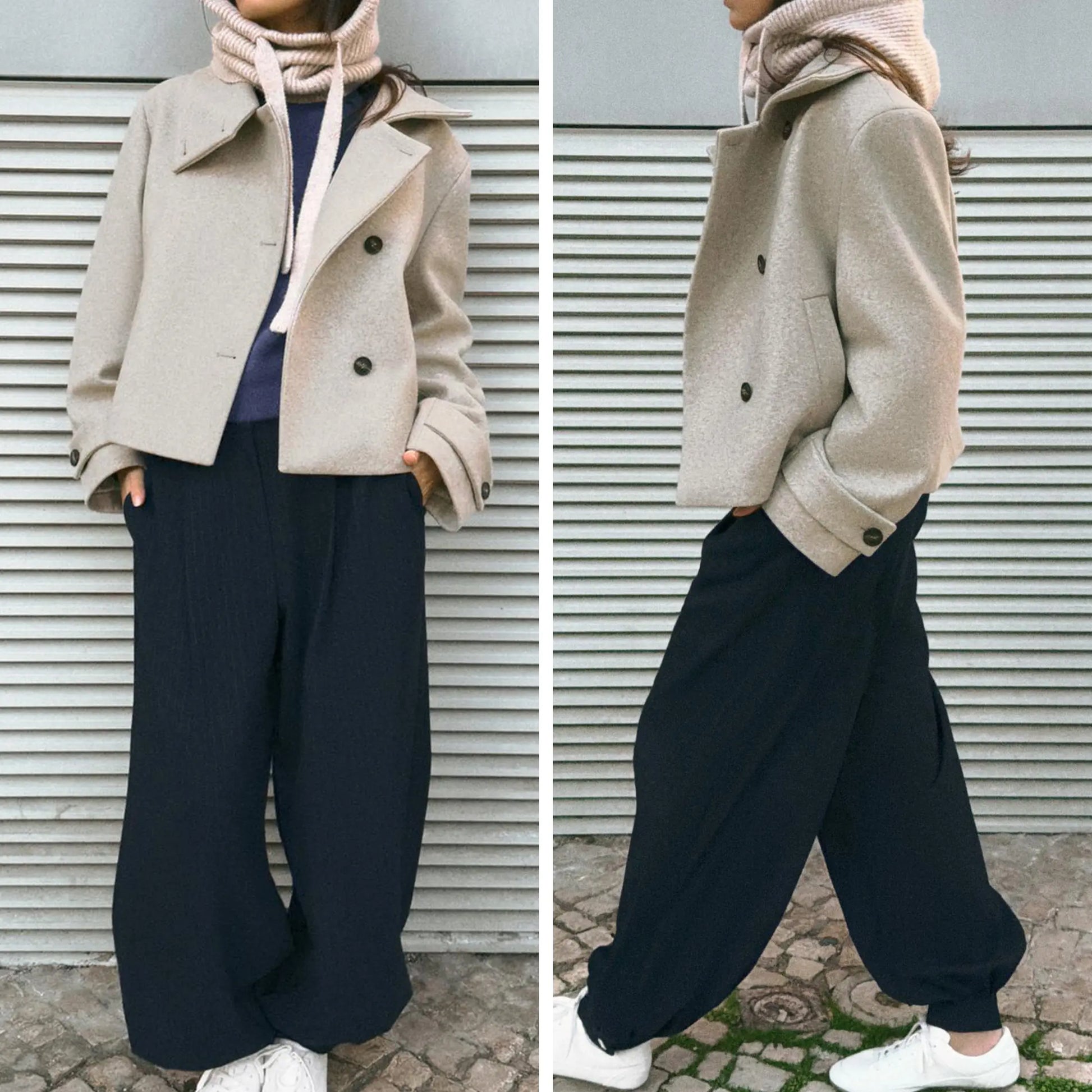 Buenoble Women Oversized Stand Collar Short Wool Blend Pea Coat Loose Double Button Minimalist Winter Casual Outerwear Jacket