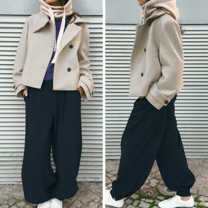 Buenoble Women Oversized Stand Collar Short Wool Blend Pea Coat Loose Double Button Minimalist Winter Casual Outerwear Jacket