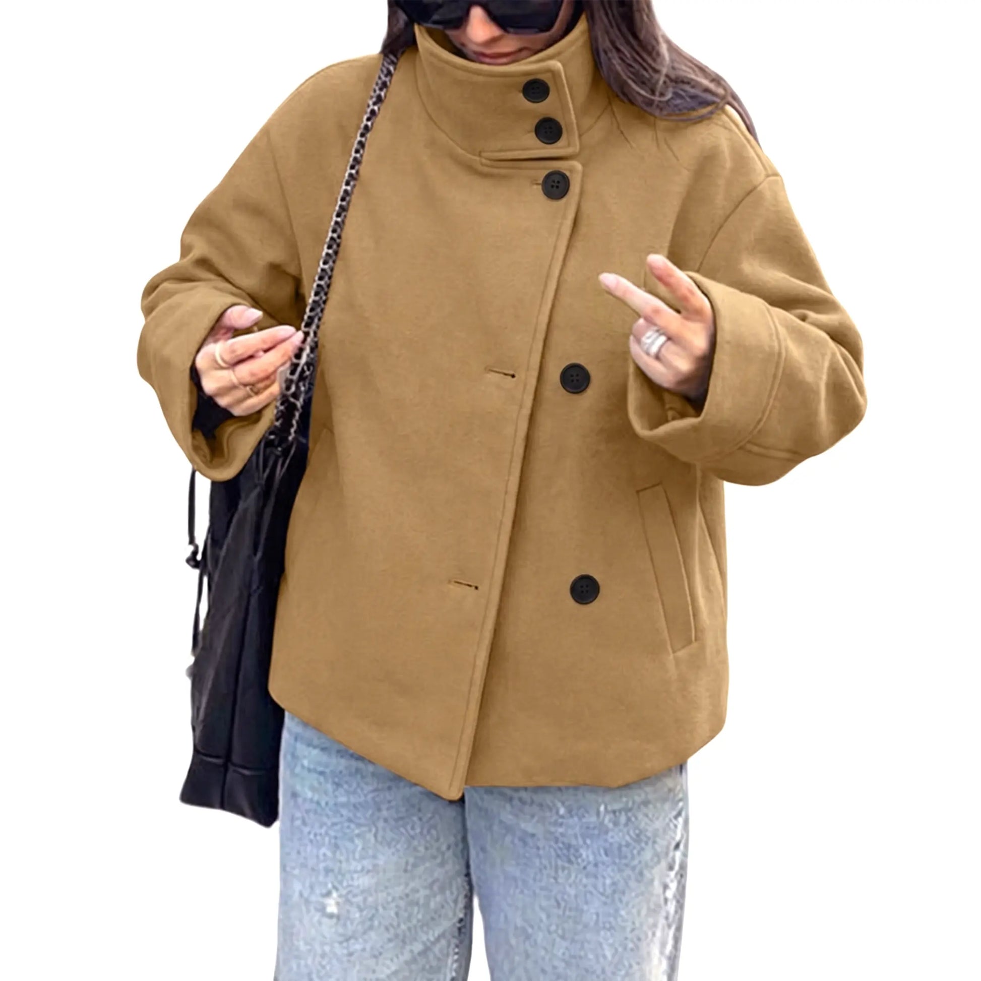 Buenoble Women Oversized Stand Collar Short Wool Blend Pea Coat Loose Double Button Minimalist Winter Casual Outerwear Jacket