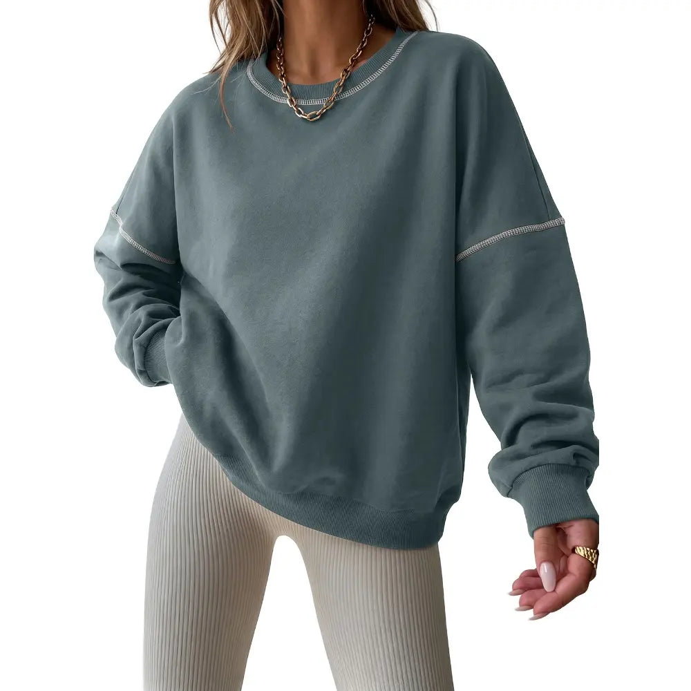 Dokotoo Womens Tops Casual Long Sleeve Oversized Shirts Crewneck Pullover Sweatshirts Autumn Winter Car Stitching Decoration Loose Sweatshirt
