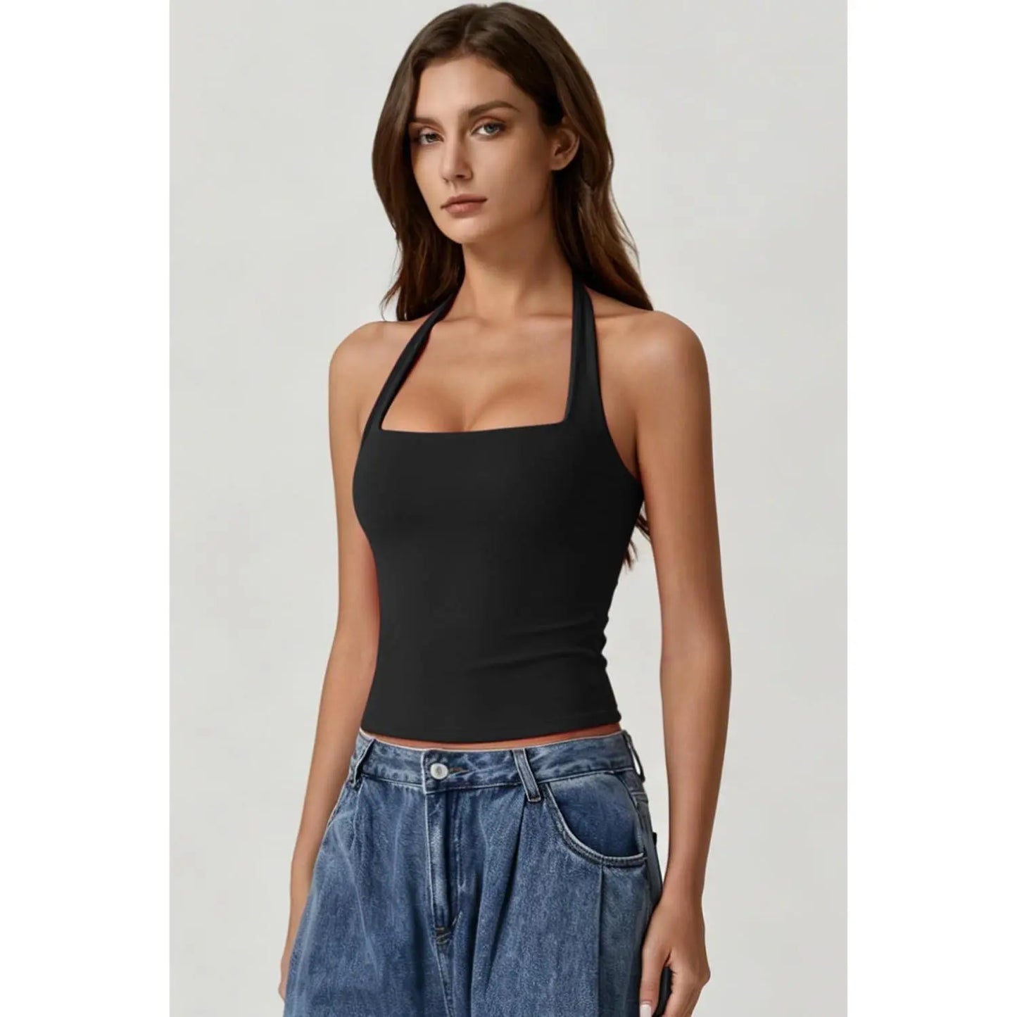 QINSEN Apparel Women'S Backless Halter Tank Top Button Closure Square Neck Double Line Casual Daily Top Going Out Cami