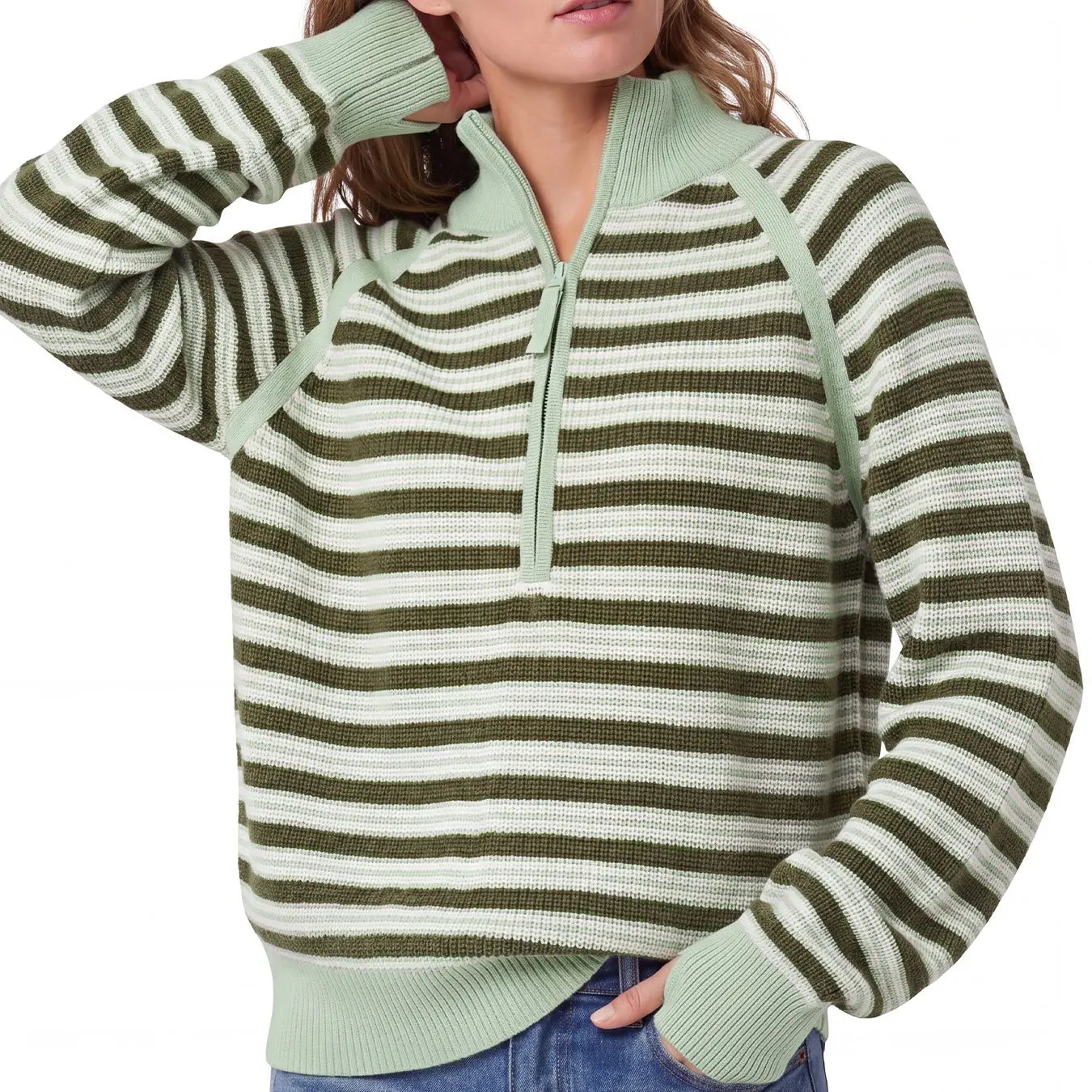 Aswulk Women'S Striped Waffle Knit Half Zip Pullover Long Sleeve Thumb Hole Casual Athleisure Sweater