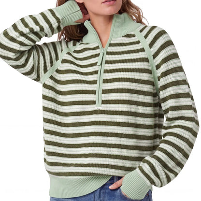 Aswulk Women'S Striped Waffle Knit Half Zip Pullover Long Sleeve Thumb Hole Casual Athleisure Sweater