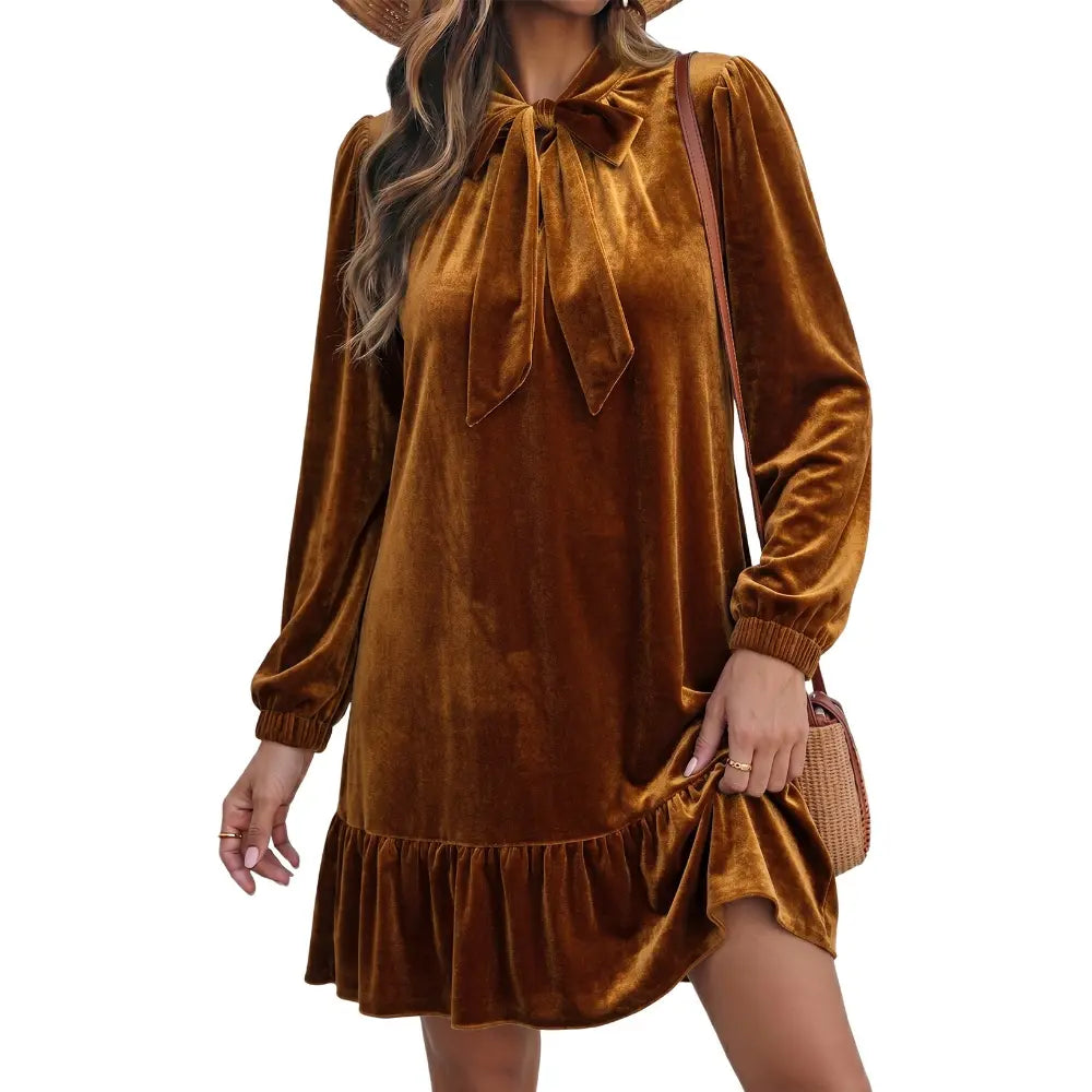 Dokotoo Womens Long Sleeve Casual Mini Dress Summer Fall Tie Neck Ruffle Hem Babydoll Wedding Guest Dress for Vacation