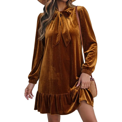 Dokotoo Womens Long Sleeve Casual Mini Dress Summer Fall Tie Neck Ruffle Hem Babydoll Wedding Guest Dress for Vacation