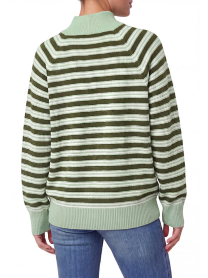 Aswulk Women'S Striped Waffle Knit Half Zip Pullover Long Sleeve Thumb Hole Casual Athleisure Sweater