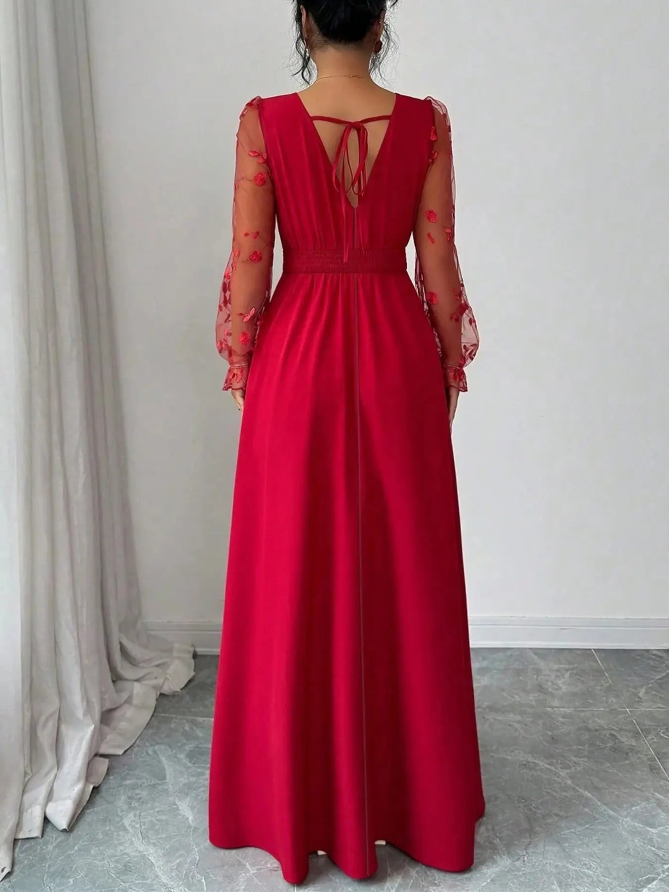 Summer Elegant Black Floral Autumn Dinner Deep V-Neck Lace Patchwork Long Sleeve High Slit Women Dress,Backless Mesh Embroidery Wedding Party Ball Gown