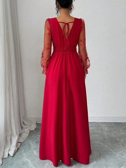 Summer Elegant Black Floral Autumn Dinner Deep V-Neck Lace Patchwork Long Sleeve High Slit Women Dress,Backless Mesh Embroidery Wedding Party Ball Gown
