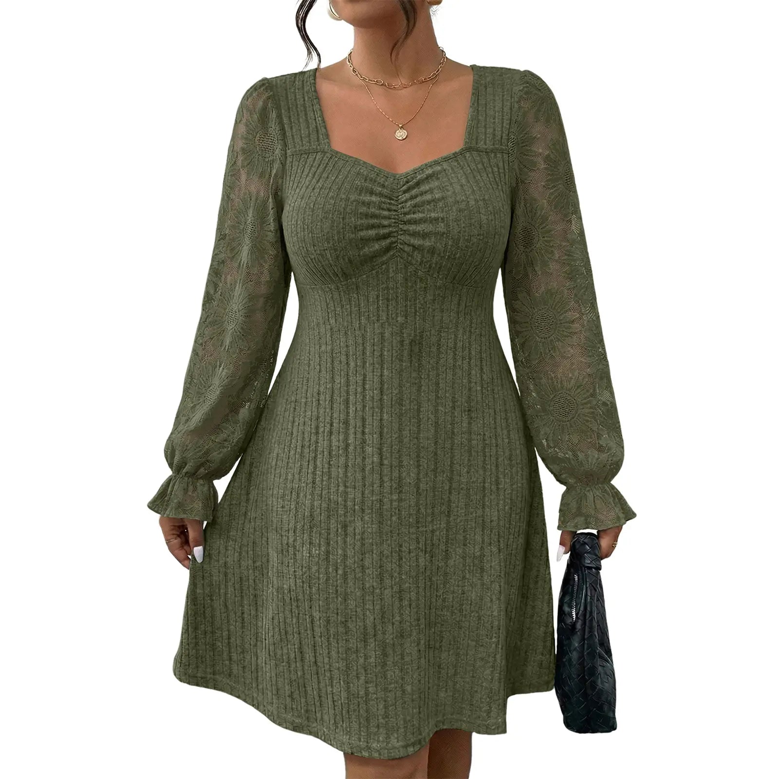Eytino Womens plus Size Sweetheart Neck Lace Long Flounce Sleeve Ribbed Elegant Mini Dress (1X-5X)