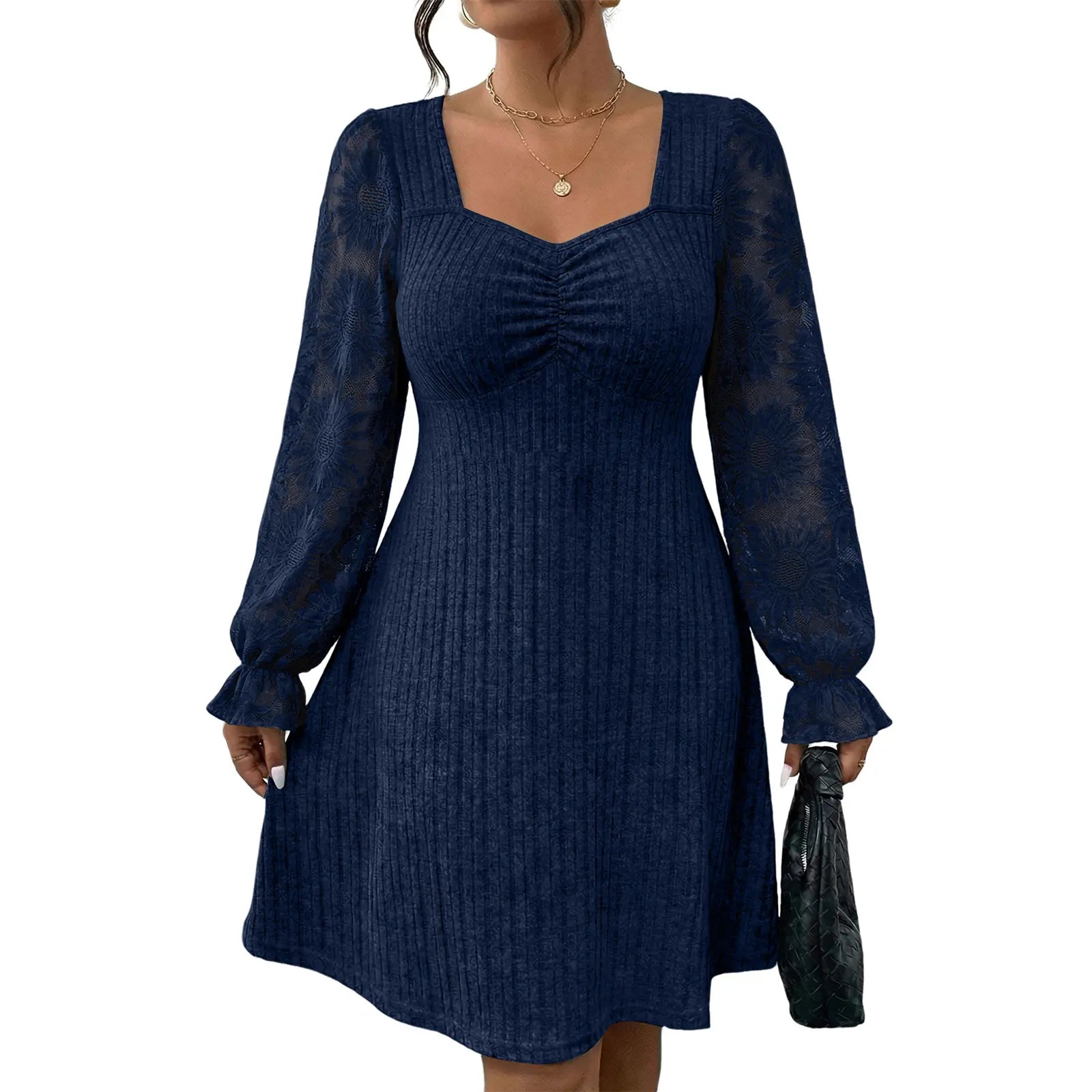 Eytino Womens plus Size Sweetheart Neck Lace Long Flounce Sleeve Ribbed Elegant Mini Dress (1X-5X)