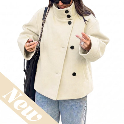Buenoble Women Oversized Stand Collar Short Wool Blend Pea Coat Loose Double Button Minimalist Winter Casual Outerwear Jacket
