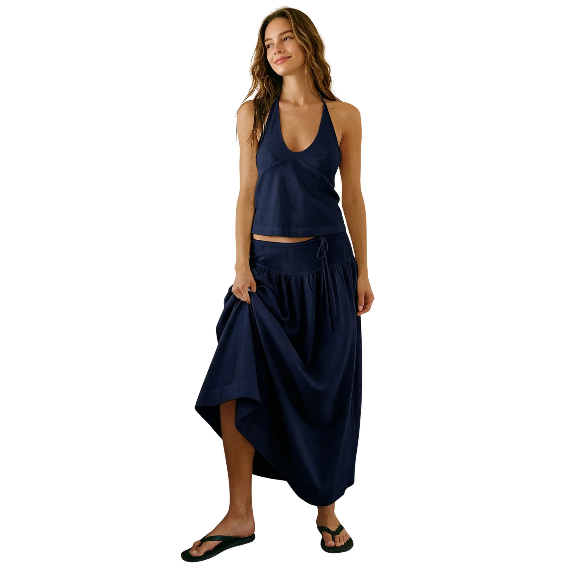 Mibbory 2 Piece Linen Skirt Set for Women 85%Cotton & 15%Linen Summer Outfits Sandshell Linen Skirt Set Sleeveless Halter Open Back Top Maxi Skirt Two Piece Sets with Pockets Cotton Blend Resort Vacation Casual Beach Travel Wear