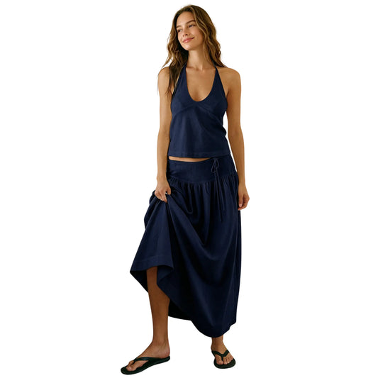 Mibbory 2 Piece Linen Skirt Set for Women 85%Cotton & 15%Linen Summer Outfits Sandshell Linen Skirt Set Sleeveless Halter Open Back Top Maxi Skirt Two Piece Sets with Pockets Cotton Blend Resort Vacation Casual Beach Travel Wear