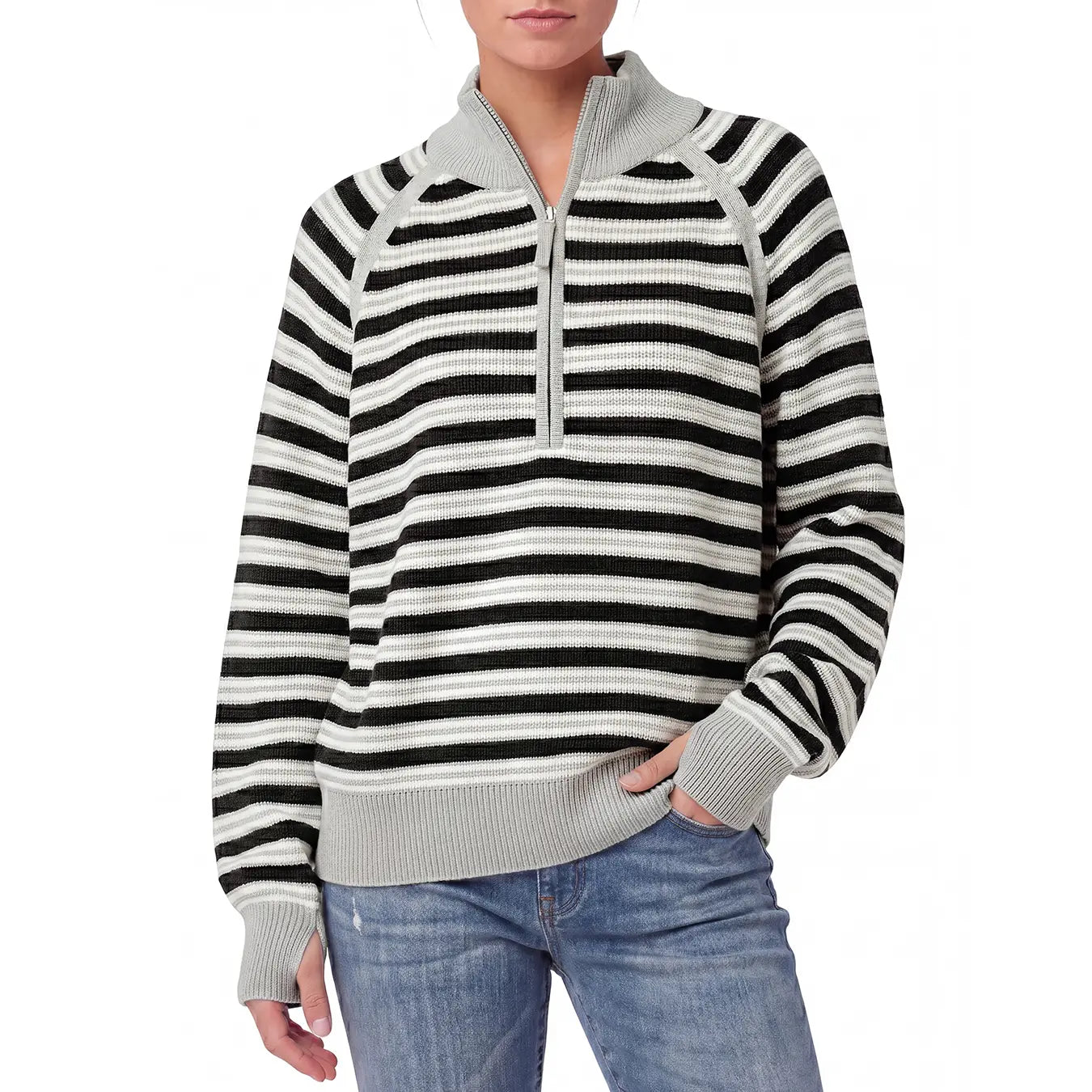 Aswulk Women'S Striped Waffle Knit Half Zip Pullover Long Sleeve Thumb Hole Casual Athleisure Sweater