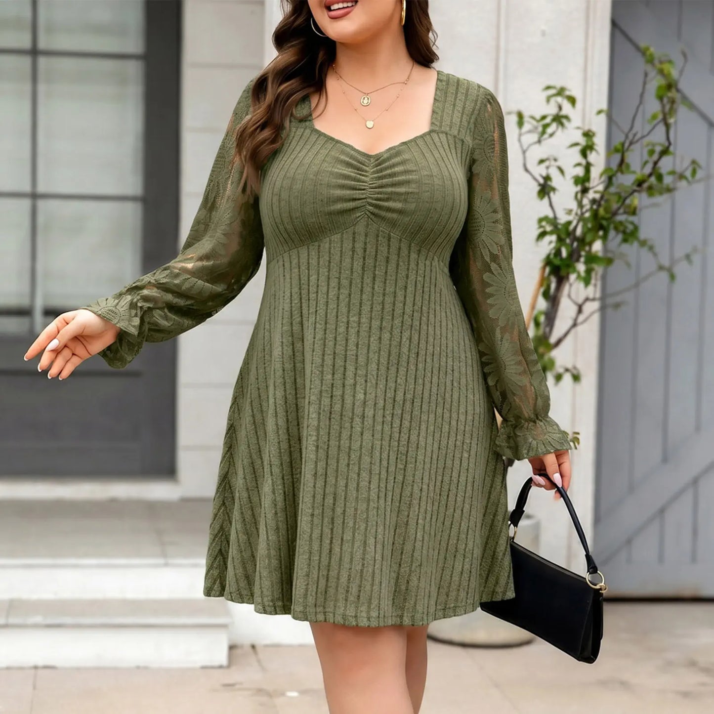 Eytino Womens plus Size Sweetheart Neck Lace Long Flounce Sleeve Ribbed Elegant Mini Dress (1X-5X)