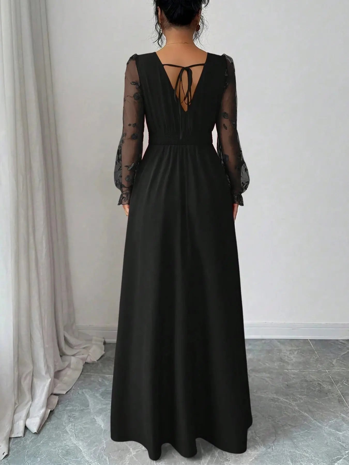 Summer Elegant Black Floral Autumn Dinner Deep V-Neck Lace Patchwork Long Sleeve High Slit Women Dress,Backless Mesh Embroidery Wedding Party Ball Gown
