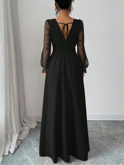 Summer Elegant Black Floral Autumn Dinner Deep V-Neck Lace Patchwork Long Sleeve High Slit Women Dress,Backless Mesh Embroidery Wedding Party Ball Gown