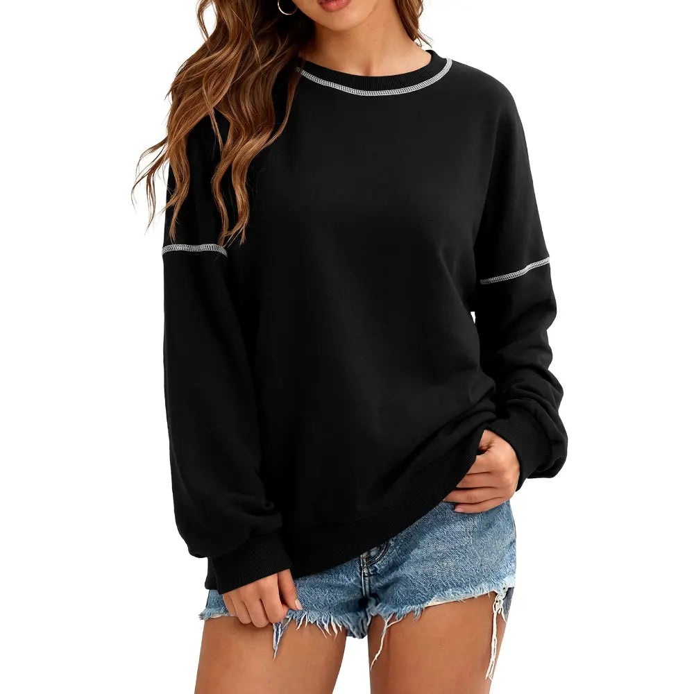 Dokotoo Womens Tops Casual Long Sleeve Oversized Shirts Crewneck Pullover Sweatshirts Autumn Winter Car Stitching Decoration Loose Sweatshirt