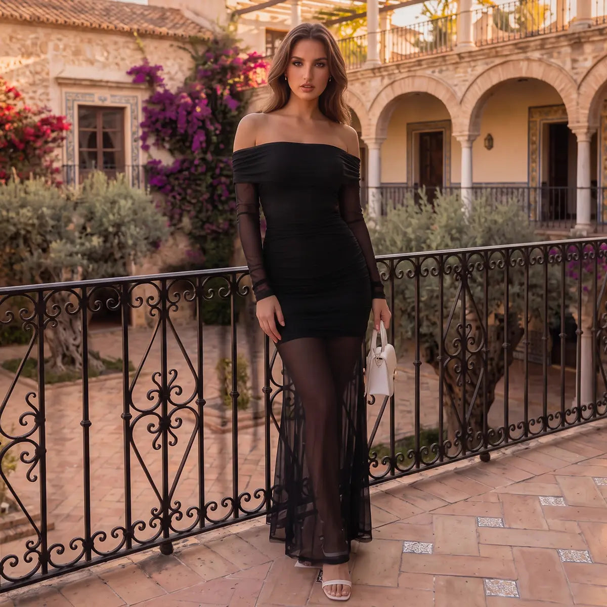 Florboom Women's Elegant Off-Shoulder Sheer Mesh Maxi Dress with Long Sleeves and Ruched Bodycon Fit for Evening Events, Cocktail Parties, and Special Occasions