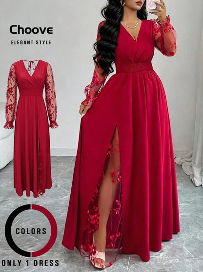Summer Elegant Black Floral Autumn Dinner Deep V-Neck Lace Patchwork Long Sleeve High Slit Women Dress,Backless Mesh Embroidery Wedding Party Ball Gown