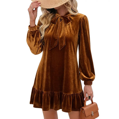 Dokotoo Womens Long Sleeve Casual Mini Dress Summer Fall Tie Neck Ruffle Hem Babydoll Wedding Guest Dress for Vacation