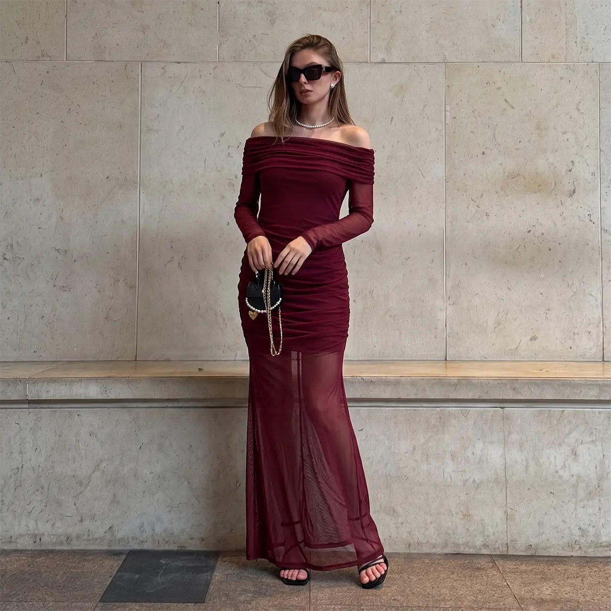 Florboom Women's Elegant Off-Shoulder Sheer Mesh Maxi Dress with Long Sleeves and Ruched Bodycon Fit for Evening Events, Cocktail Parties, and Special Occasions