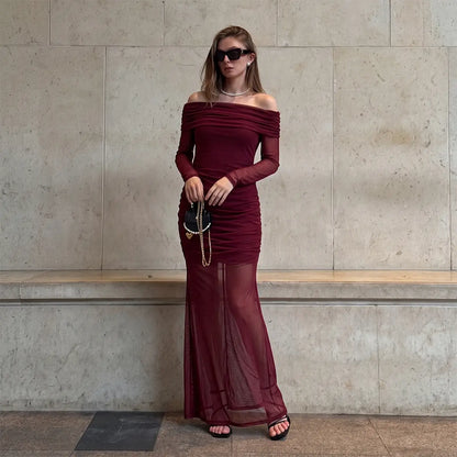 Florboom Women's Elegant Off-Shoulder Sheer Mesh Maxi Dress with Long Sleeves and Ruched Bodycon Fit for Evening Events, Cocktail Parties, and Special Occasions