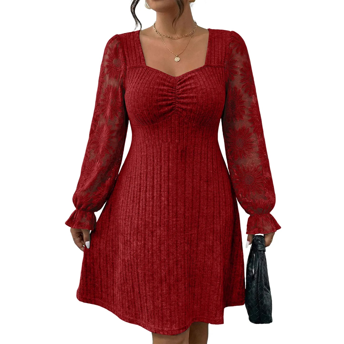 Eytino Womens plus Size Sweetheart Neck Lace Long Flounce Sleeve Ribbed Elegant Mini Dress (1X-5X)