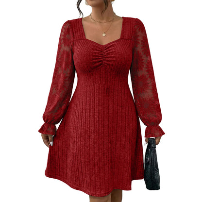 Eytino Womens plus Size Sweetheart Neck Lace Long Flounce Sleeve Ribbed Elegant Mini Dress (1X-5X)