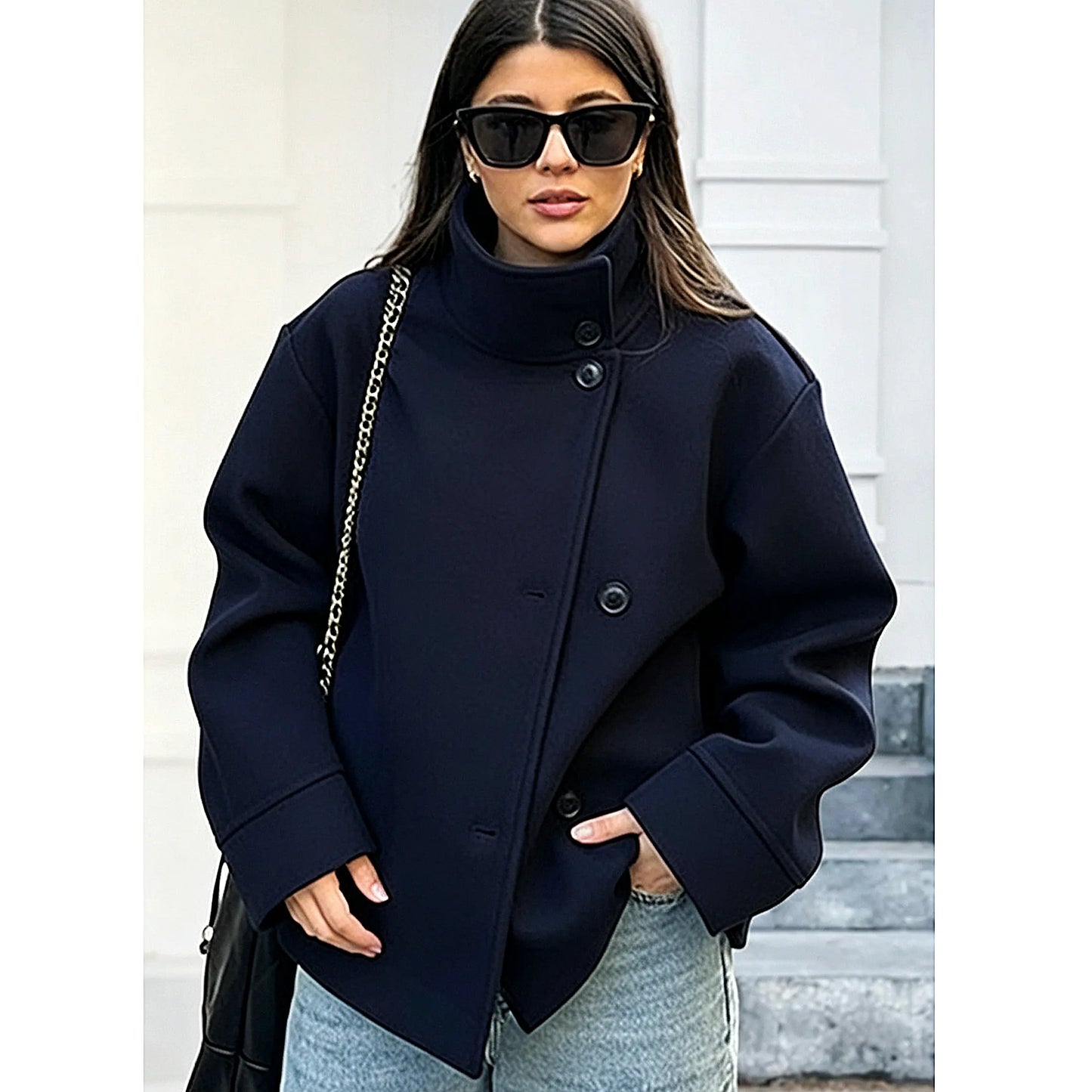 Buenoble Women Oversized Stand Collar Short Wool Blend Pea Coat Loose Double Button Minimalist Winter Casual Outerwear Jacket