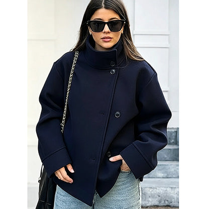 Buenoble Women Oversized Stand Collar Short Wool Blend Pea Coat Loose Double Button Minimalist Winter Casual Outerwear Jacket