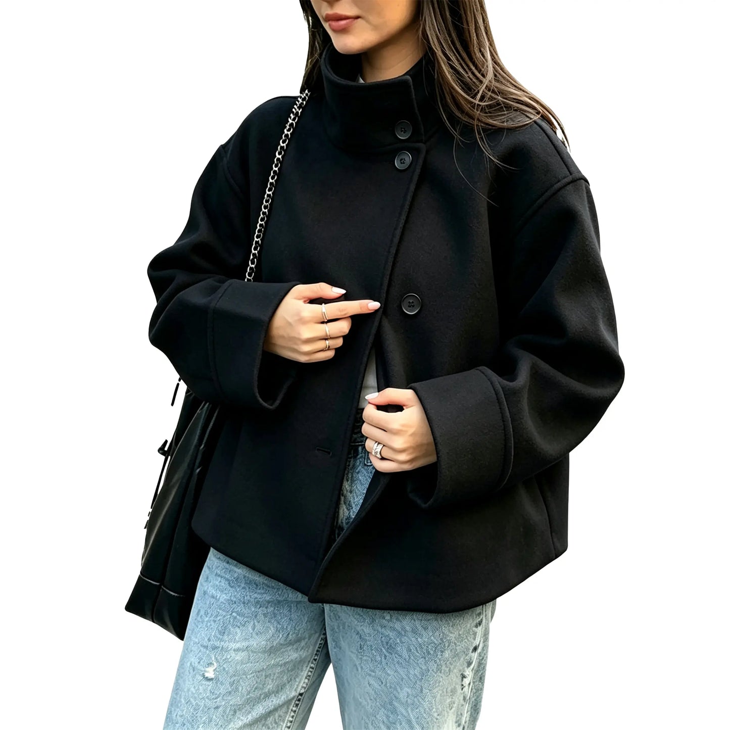 Buenoble Women Oversized Stand Collar Short Wool Blend Pea Coat Loose Double Button Minimalist Winter Casual Outerwear Jacket