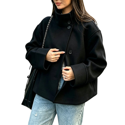 Buenoble Women Oversized Stand Collar Short Wool Blend Pea Coat Loose Double Button Minimalist Winter Casual Outerwear Jacket