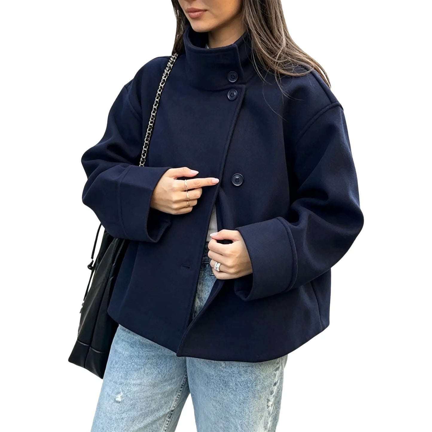 Buenoble Women Oversized Stand Collar Short Wool Blend Pea Coat Loose Double Button Minimalist Winter Casual Outerwear Jacket