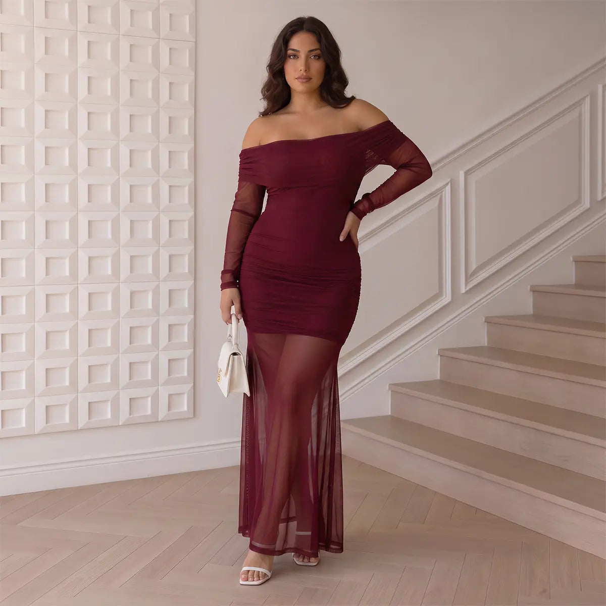 Florboom Women's Elegant Off-Shoulder Sheer Mesh Maxi Dress with Long Sleeves and Ruched Bodycon Fit for Evening Events, Cocktail Parties, and Special Occasions