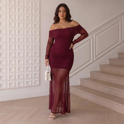 Florboom Women's Elegant Off-Shoulder Sheer Mesh Maxi Dress with Long Sleeves and Ruched Bodycon Fit for Evening Events, Cocktail Parties, and Special Occasions