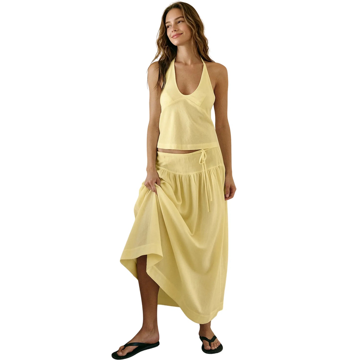 Mibbory 2 Piece Linen Skirt Set for Women 85%Cotton & 15%Linen Summer Outfits Sandshell Linen Skirt Set Sleeveless Halter Open Back Top Maxi Skirt Two Piece Sets with Pockets Cotton Blend Resort Vacation Casual Beach Travel Wear