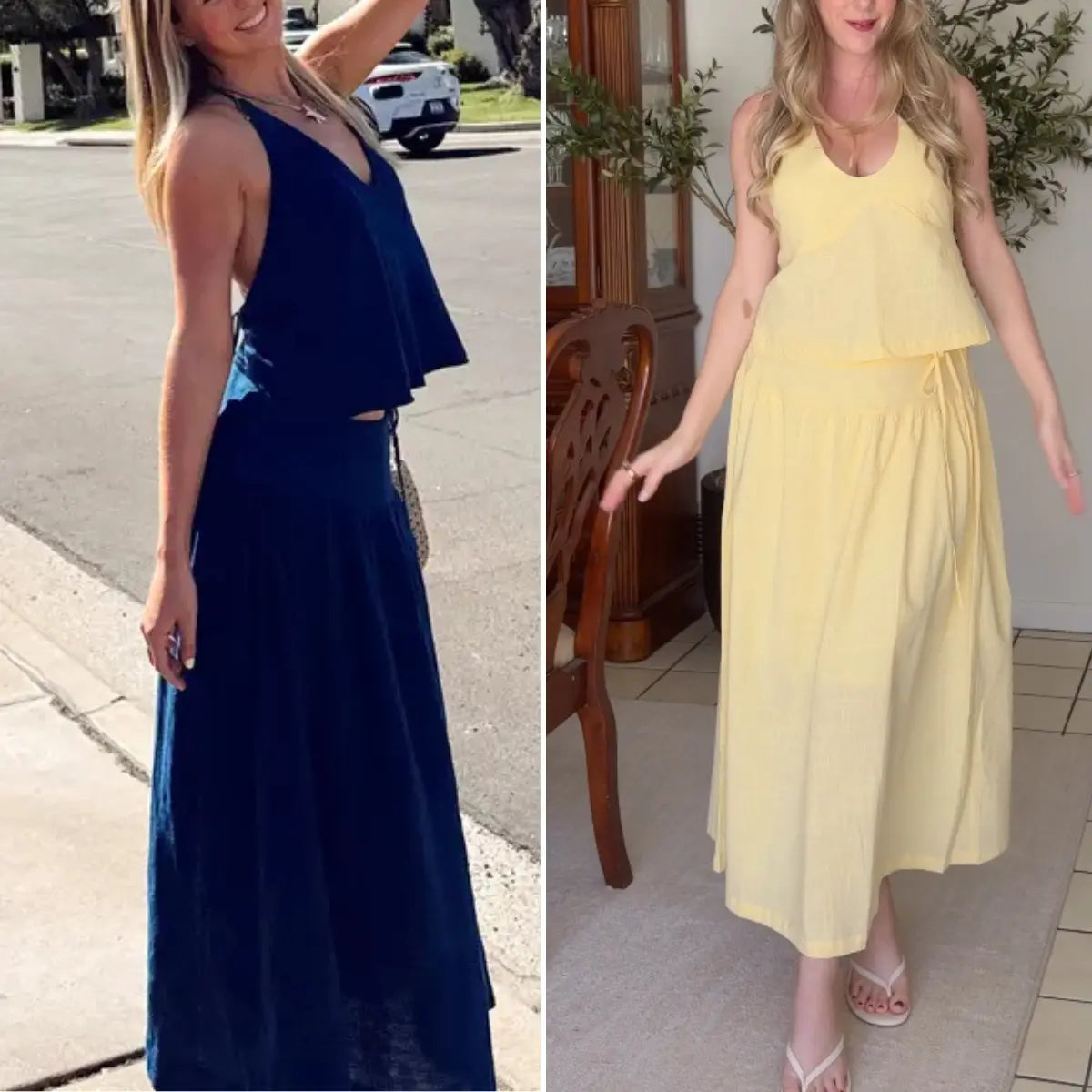 Mibbory 2 Piece Linen Skirt Set for Women 85%Cotton & 15%Linen Summer Outfits Sandshell Linen Skirt Set Sleeveless Halter Open Back Top Maxi Skirt Two Piece Sets with Pockets Cotton Blend Resort Vacation Casual Beach Travel Wear