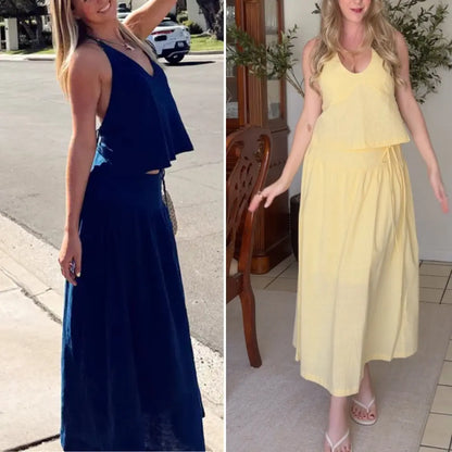 Mibbory 2 Piece Linen Skirt Set for Women 85%Cotton & 15%Linen Summer Outfits Sandshell Linen Skirt Set Sleeveless Halter Open Back Top Maxi Skirt Two Piece Sets with Pockets Cotton Blend Resort Vacation Casual Beach Travel Wear