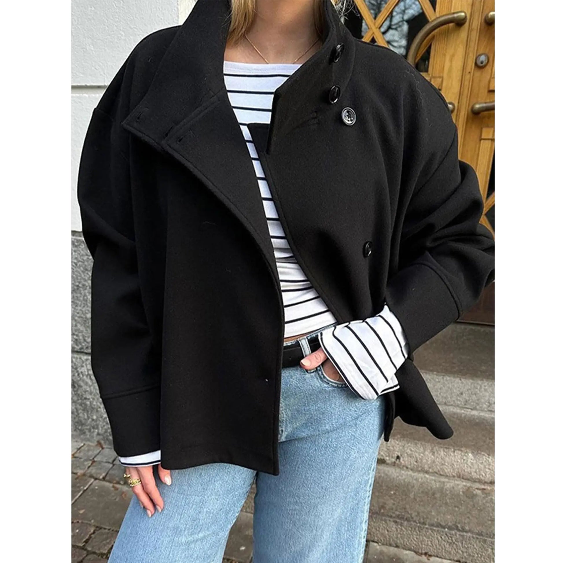 Buenoble Women Oversized Stand Collar Short Wool Blend Pea Coat Loose Double Button Minimalist Winter Casual Outerwear Jacket