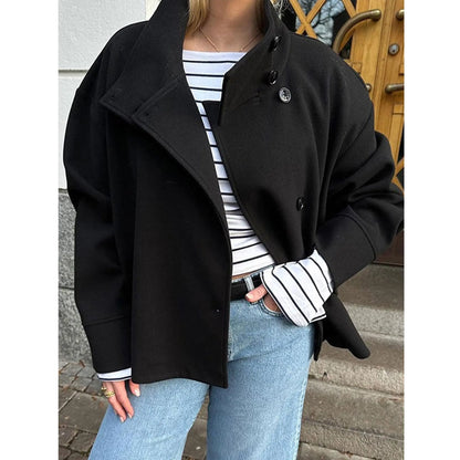 Buenoble Women Oversized Stand Collar Short Wool Blend Pea Coat Loose Double Button Minimalist Winter Casual Outerwear Jacket
