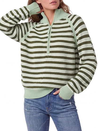 Aswulk Women'S Striped Waffle Knit Half Zip Pullover Long Sleeve Thumb Hole Casual Athleisure Sweater